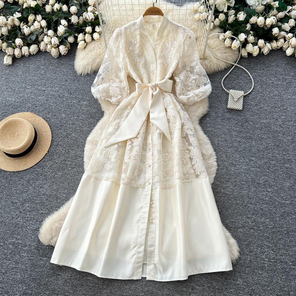 Lace A-word Embroidered Hollow Dress Women's Spring and Summer Long Sleeves Waist Thin Commuter Dress Pink