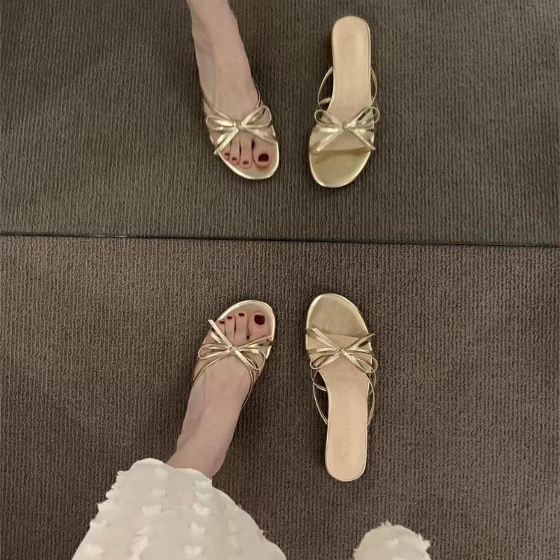 Fashion New Style Design Butterfly-kont Pleated Thin Low Heel Women Slippers Fashion Round Head Stripper Party Dress Female Summer Shoes