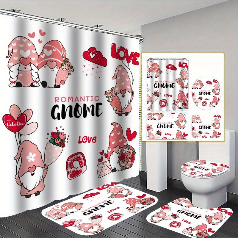 

Valentine S Day Gnome Bath Set - Romantic Shower Curtain With Hooks, Non-Slip Mat, Toilet Seat Cover, Machine Washable Polyester W60H190(CM)-1 Pcs