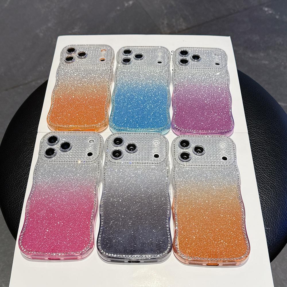 KEYSION Gradient Glitter Jewelled Phone Case for iPhone 16 17 Pro Max Air 16 Plus Wavy Border Lens Protector Shockproof Cover