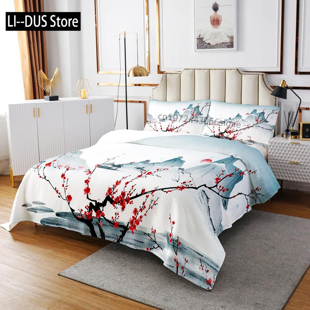 Chinese Traditional Painting Bedding Set Pink Plum Blossom Comforter Cover Set Full Size for Adults Teens Bedroom Decor 3pcs