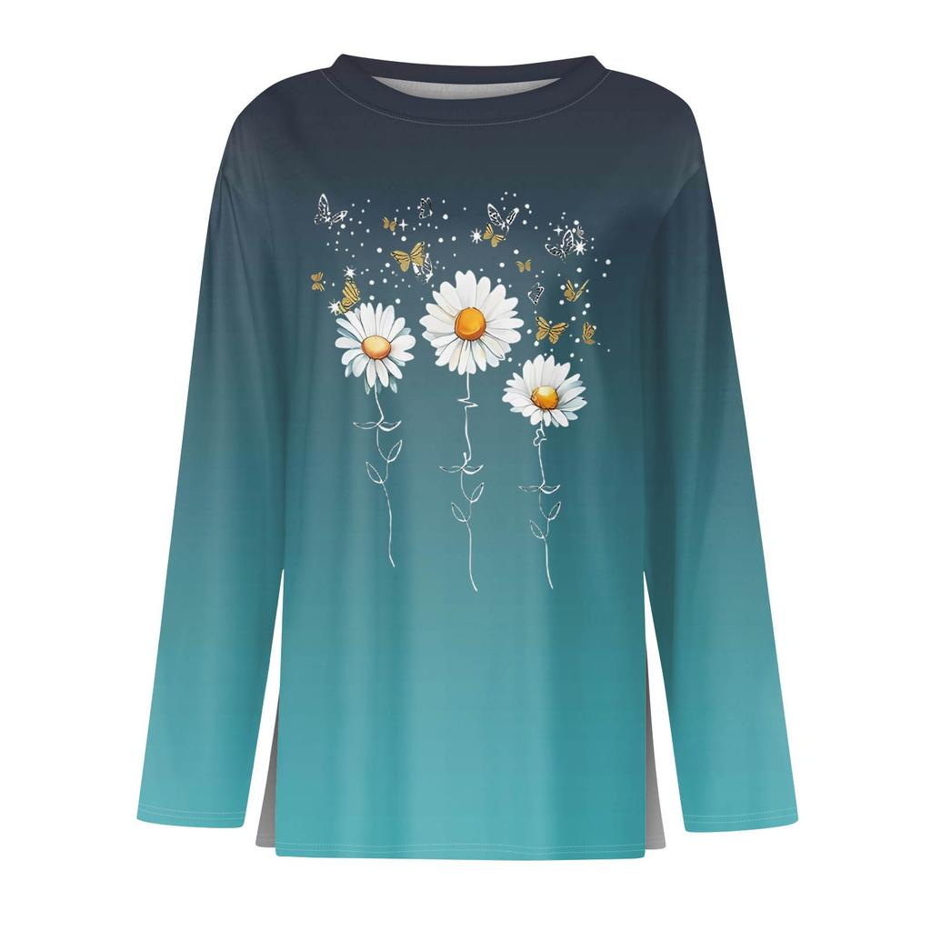Women's Fashion Casual Slit Hem Round Neck Long Sleeve Loose  Printed T-Shirt Ladies Top
