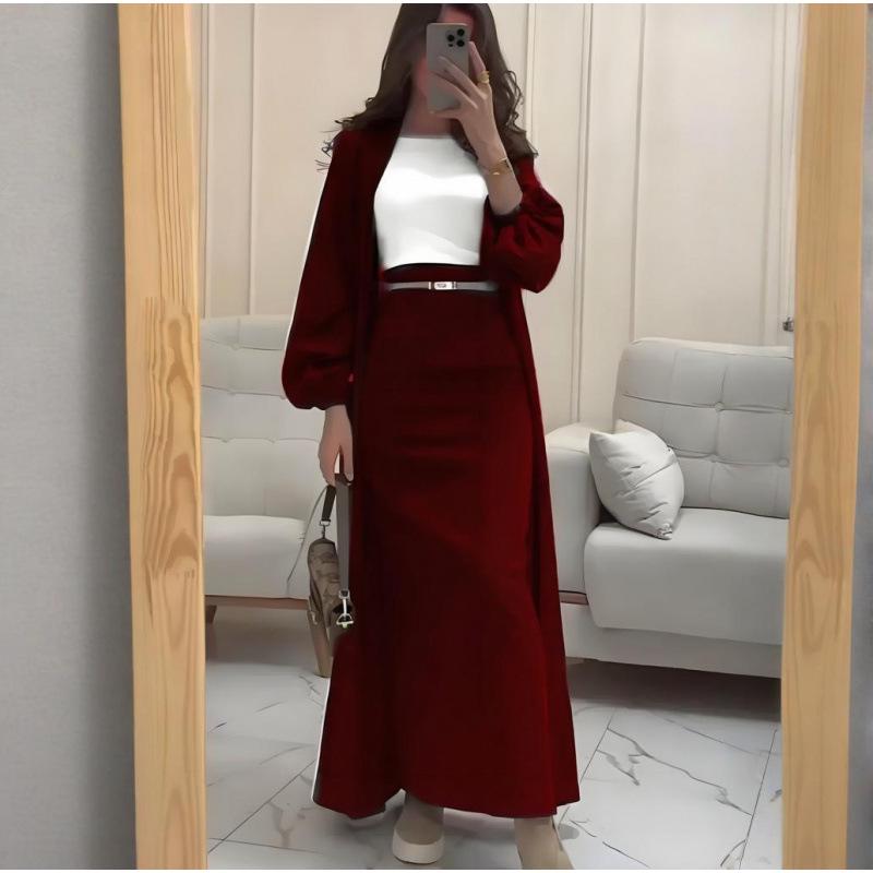 2026 Spring European & American V-neck Long Sleeve Casual Fashion Long Skirt Two-piece Set