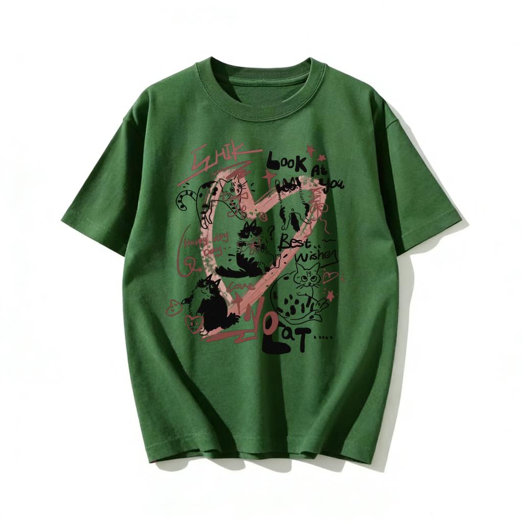 Adult and Children Love Heart Cat YK Pure Cotton TShirt Versatile Couple ParentChild Friends MultiColor Top