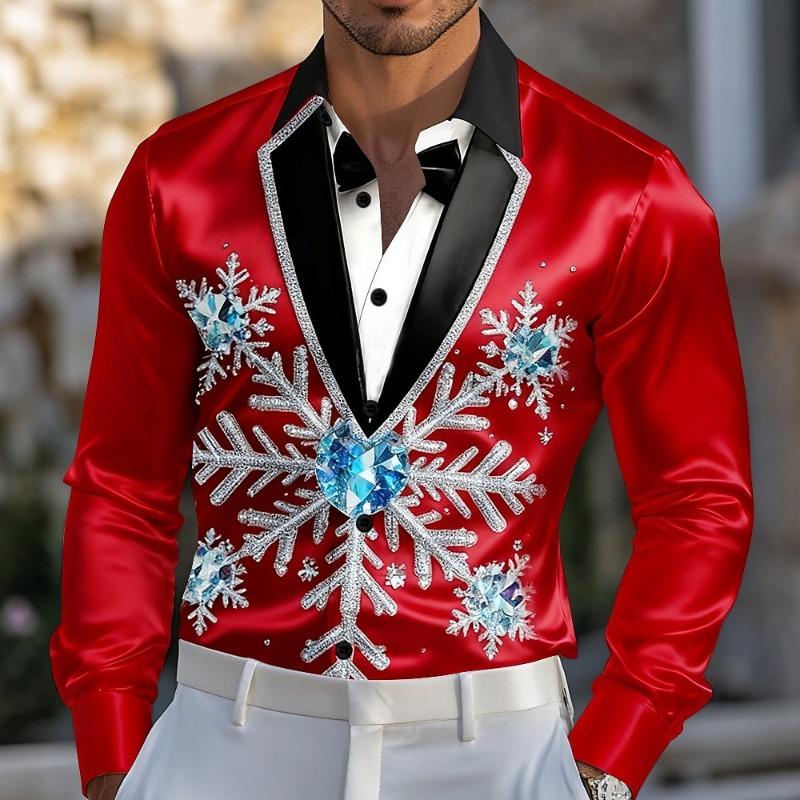 Christmas Men's Christmas Costume Suit Tie Printed Tuxedo Shirt Dress Shirt Long Sleeve Fashion Casual Outdoor Party Spring Fall