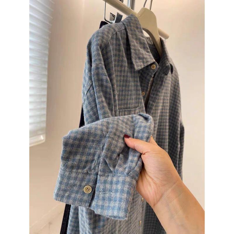 Damen Blau Kariert Retro Hemdjacke - Verdickt, Lockere Passform für Herbst/Winter