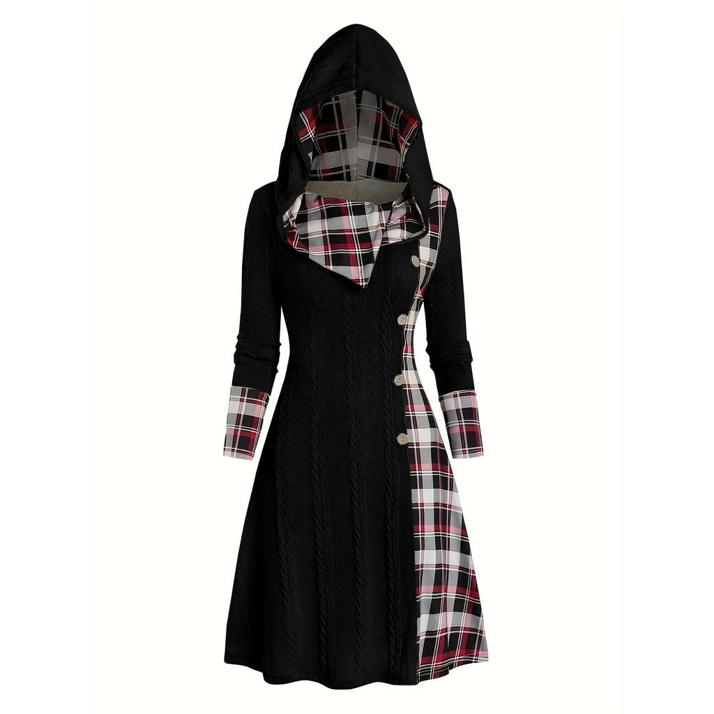 Knitted Hooded Dress Plaid Print Stitching Fake Buckle High Waist Long Sleeve A-line Dress Female
