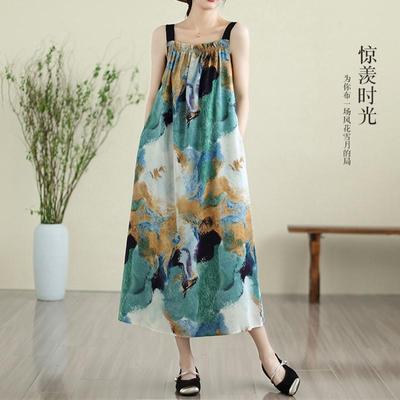 Sleeveless Strap Plus Size Chiffon Vintage Floral New In Dresses For Women Casual Loose Long Summer Dress