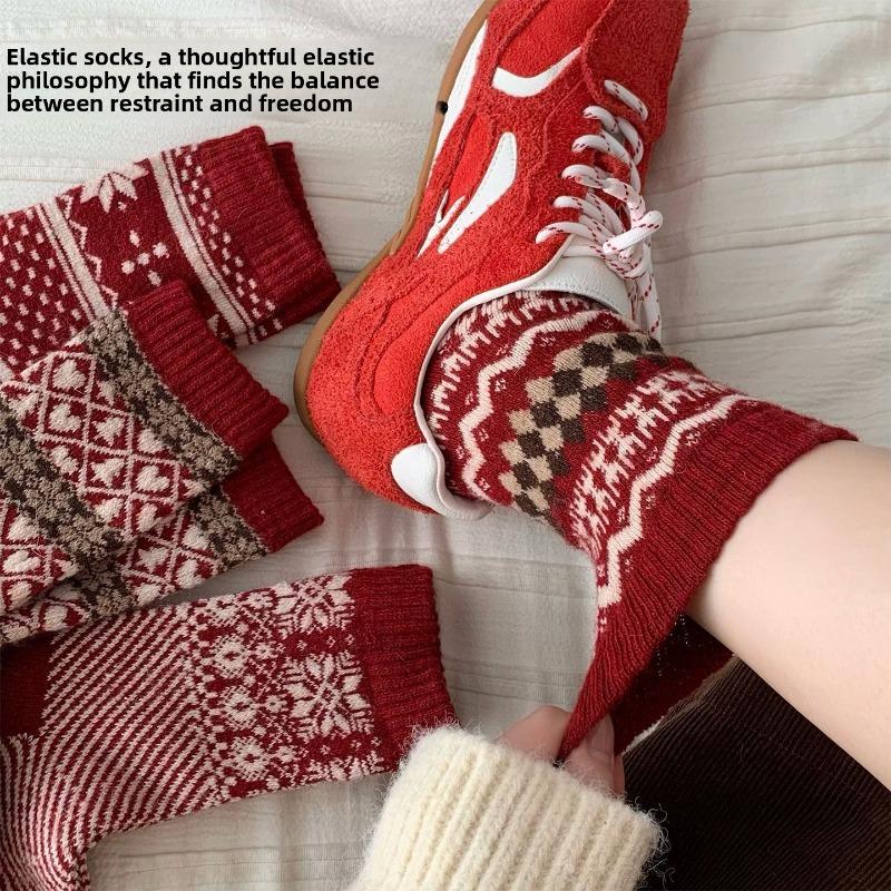 Noworoczne Czerwone Skarpety, Skarpety Fair Isle, Jesienno-Zimowe Zagęszczone Wełniane Skarpety do Połowy Łydki, Retro w Kształcie Diamentów