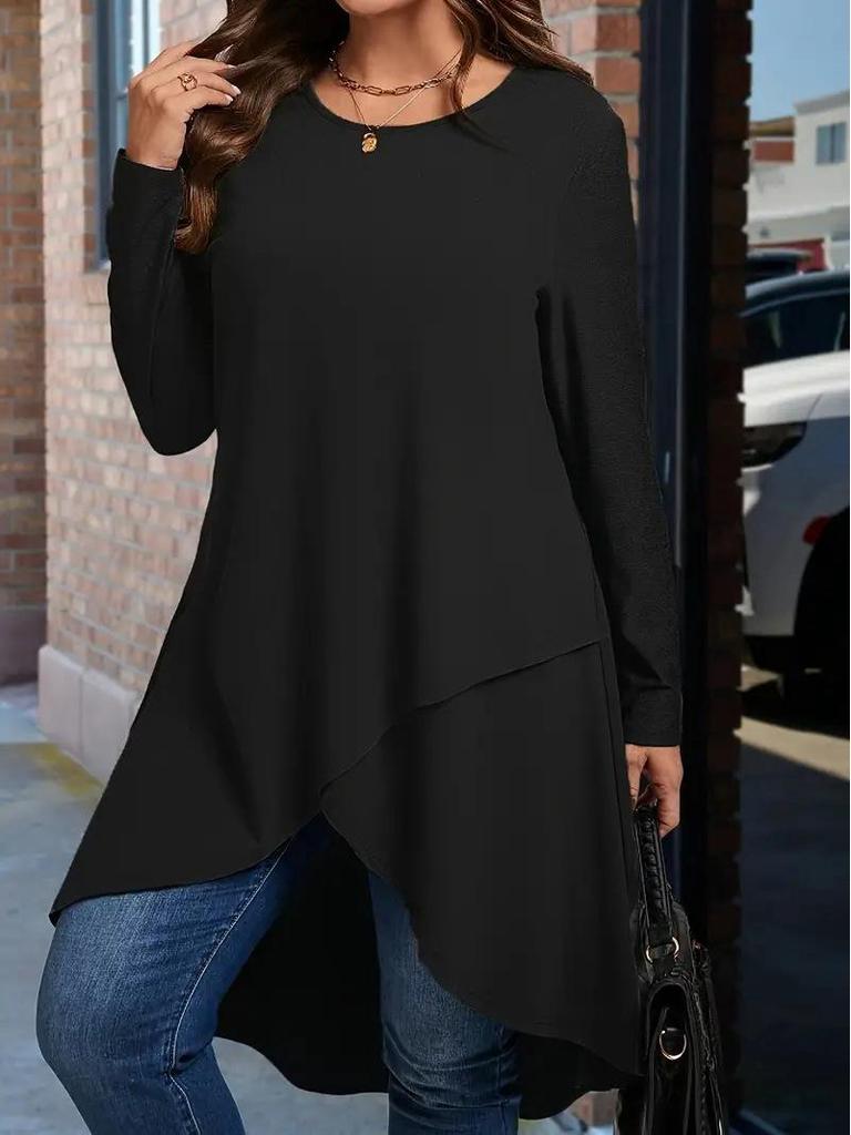 Plus Size Asymmetrical Hem Loose Long Sleeve Top (European & American Style, 2025)