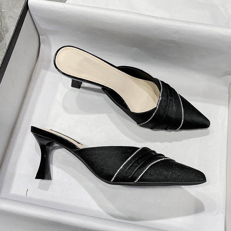 Spring New Baotou Slippers Women's Pointed Head Shallow Mouth Glitter Anti-slip Wear-resistant High Heels