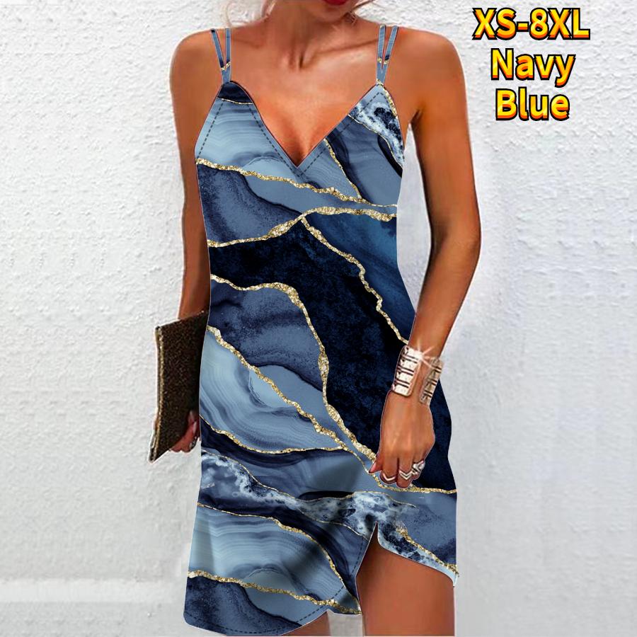 Damenmode Sexy 3D-Marmor-Texturdruck Trägerloses Kleid Loses Leibchenkleid mit V-Ausschnitt