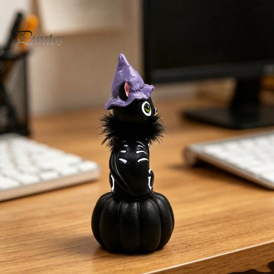 Atmospheric Living Room Decor Halloween Pumpkin Witch Hat Black Cat Ornament, Resin Desktop Skeleton Figurines Statue, Creative Cartoon Figurine
