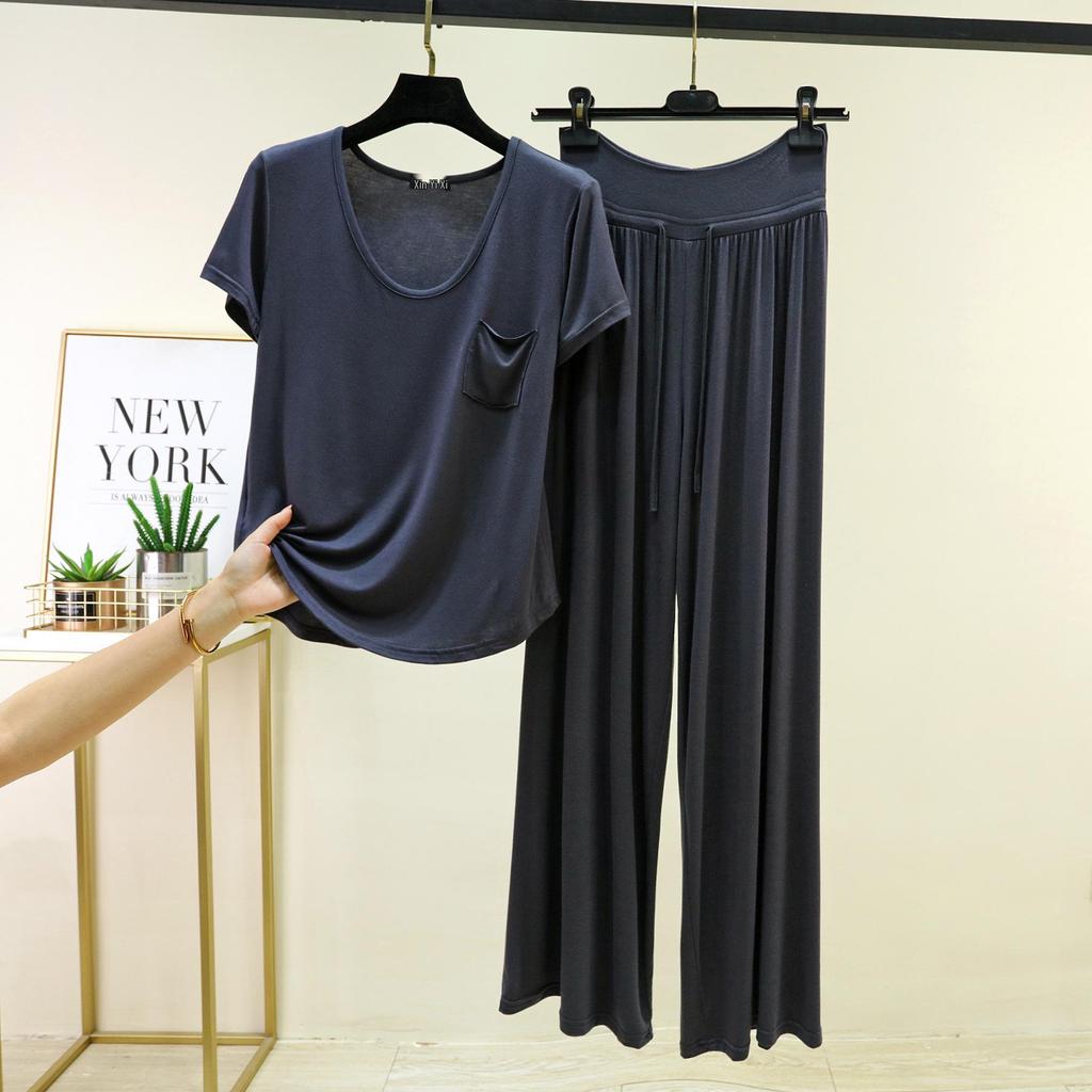 Women's Casual Summer Solid Color Base Layer Set - Round Neck, Short Sleeve, Long Pants
