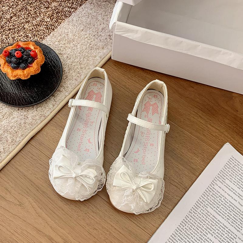Low heel round head Lolita daily student style loli lo shoes one-word buckle with bow lace edge single shoes