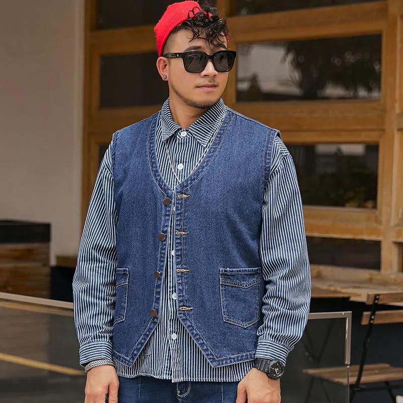 Men's Spring Large Size Loose Denim Vest Solid Color Straight Hem Sleeveless Top