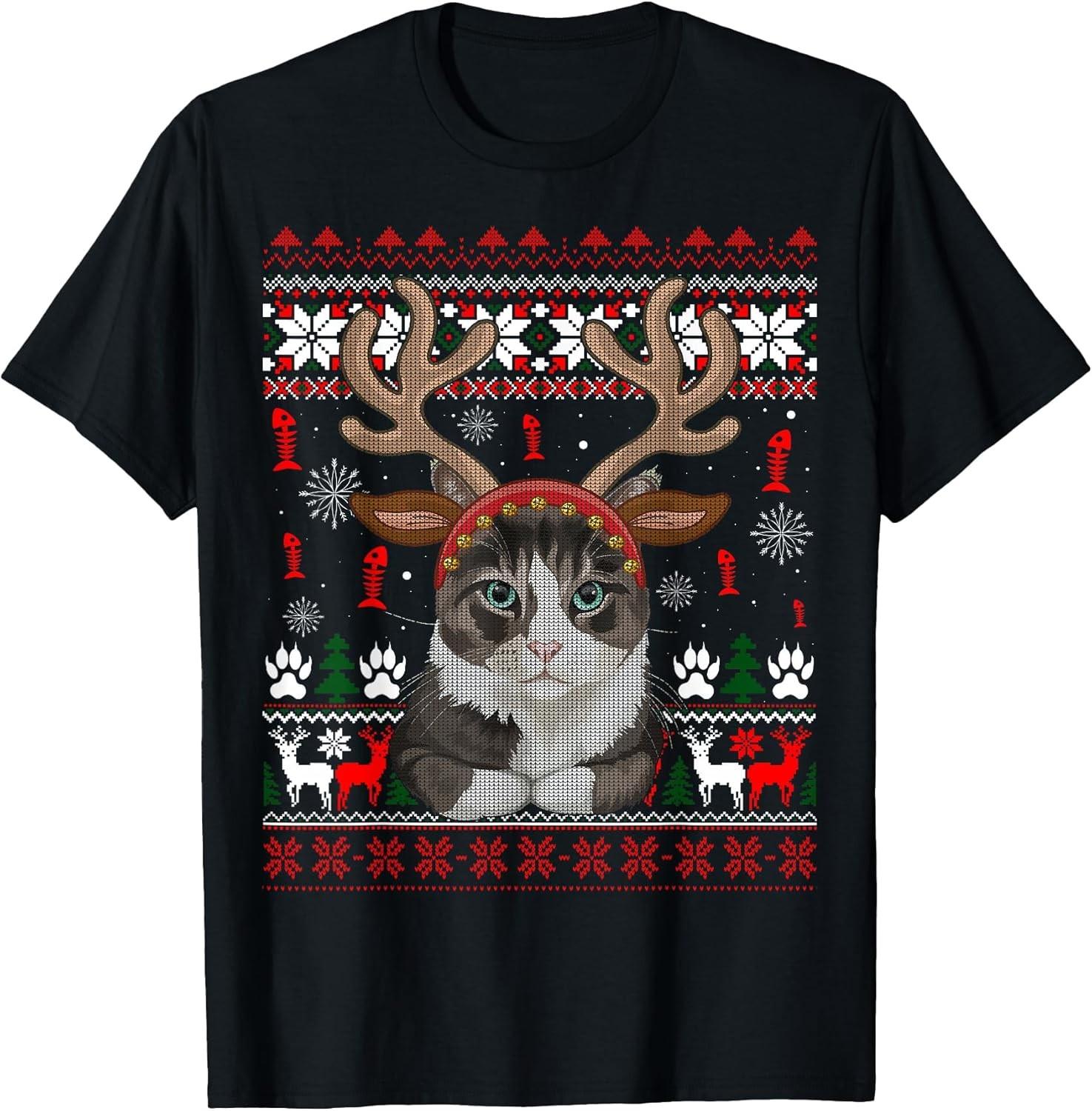 NEW LIMITED! Christmas Cat Reindeer Ugly Christmas Sweater Tee - MADE IN USA M