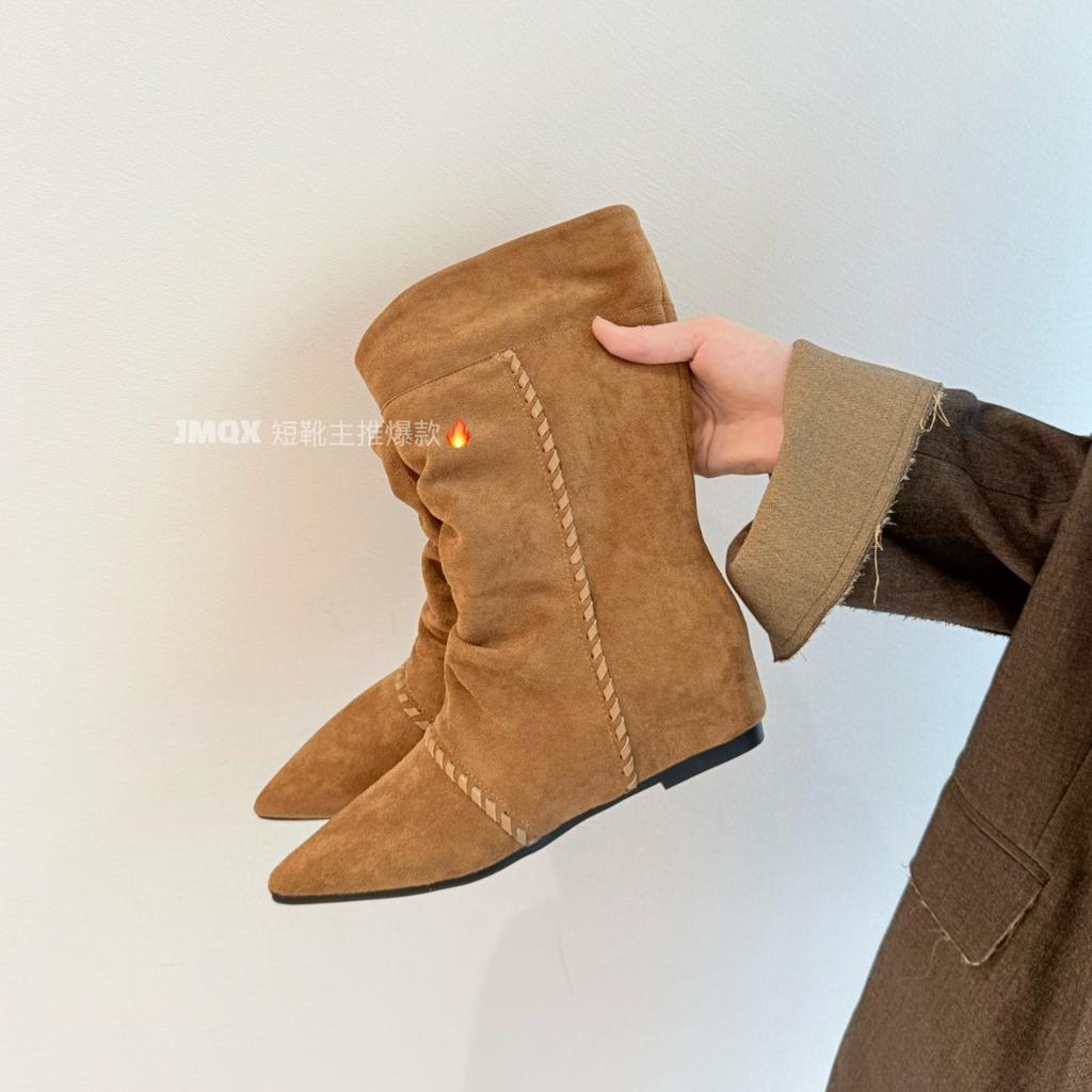 Martin boots women's 2025 autumn new wasteland lace pointed thick heel thin pile boots western cowboy short boots