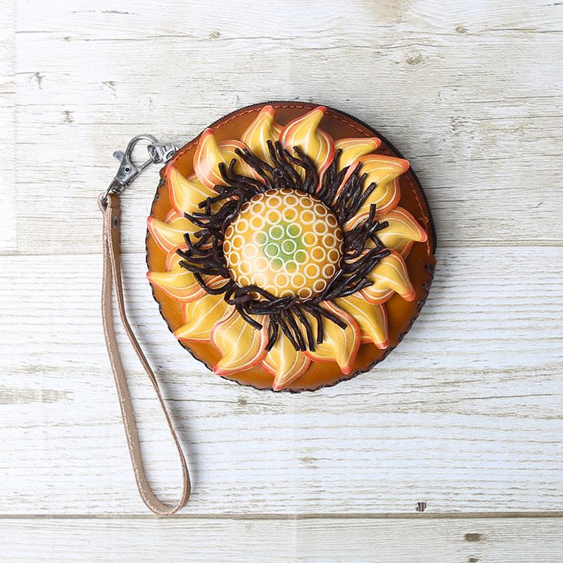 

Head Layer Cowhide Sunflower Coin Purse Sunflower Cowhide Card Key Coin Bag Flower Children s Handbag
