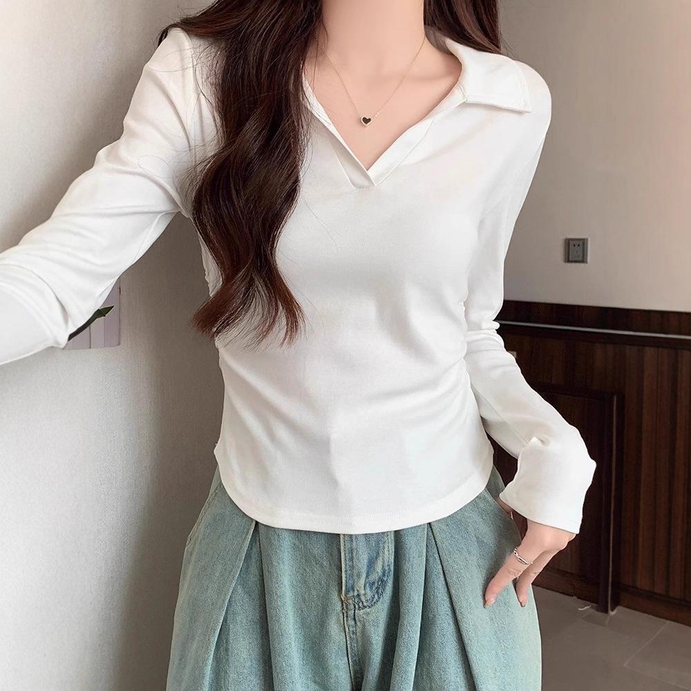 Korean POLO collar versatile long-sleeved front shoulder T-shirt women's autumn spice girl pleated waist and thin bottoming shirt top