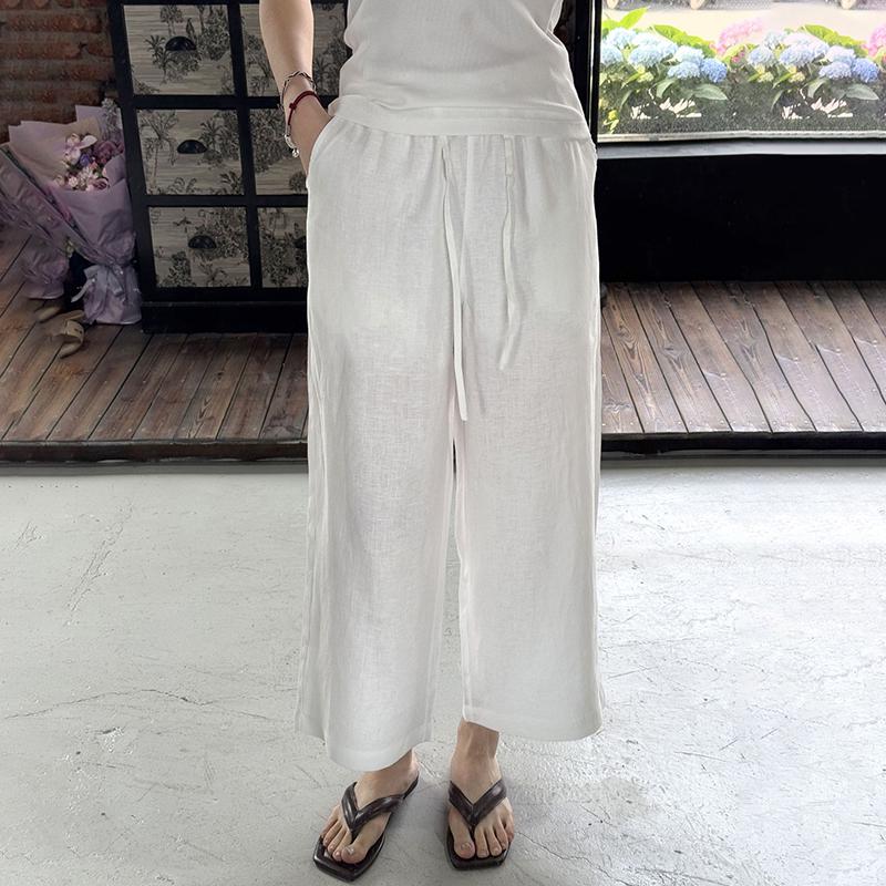 Women's Pure Linen Wide-Leg Pants - White, Summer Style, Loose Fit, High-End, Relaxed Feel