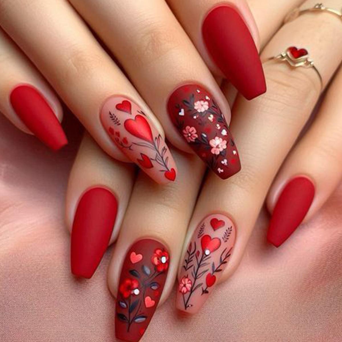 Valentine s Day Rose Lover Wine Red False Nails - Wearable Rose Flower Nail Art Tips