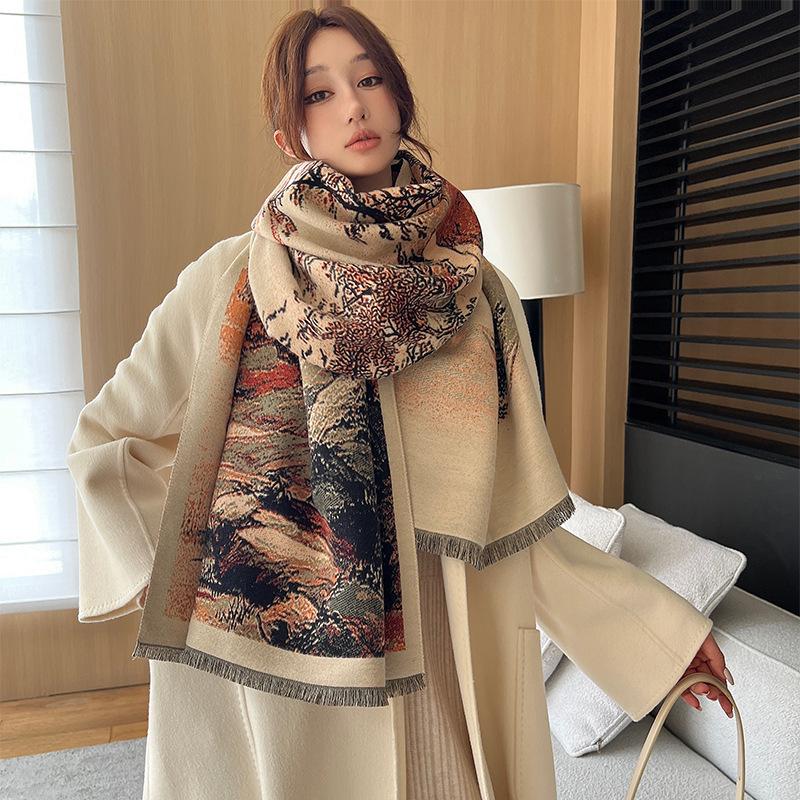 Imitation Cashmere Scarf for Women In Autumn and Winter Chinese Painting Exquisite Fashion Scarf Versatile Warm and High End Tassel Shawl