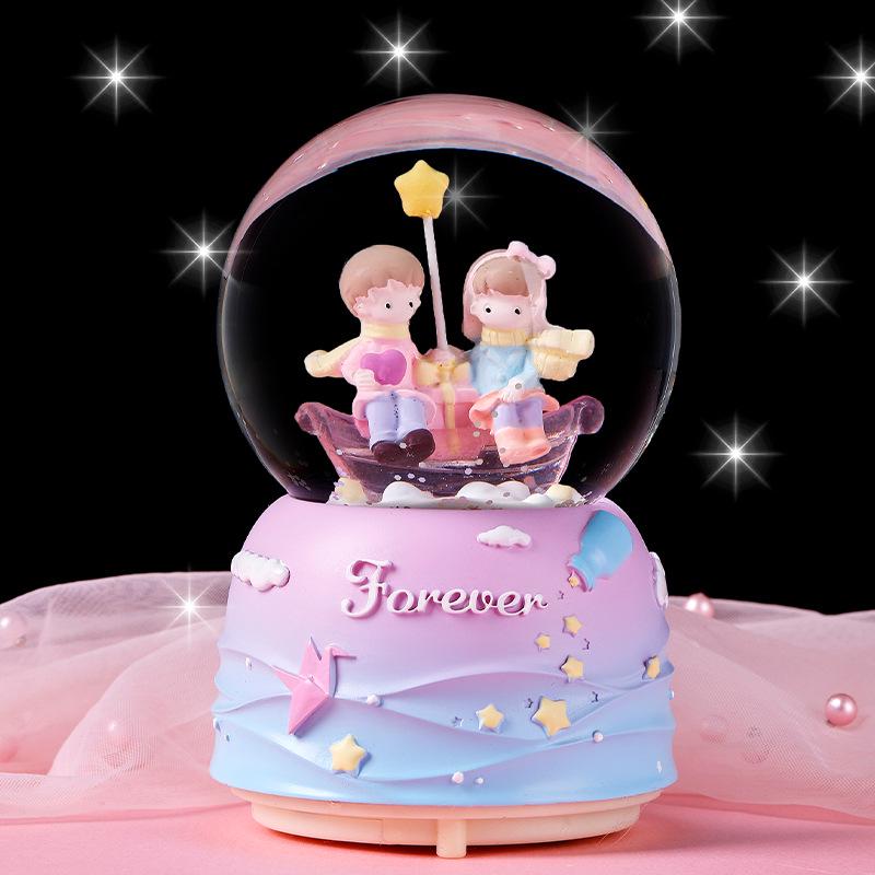 Cartoon Couple Crystal Ball Resin Snow Globe Music Box Toy
