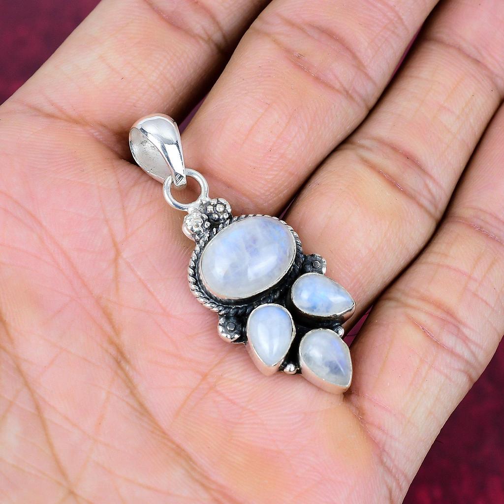 Regenbogen Mondstein Anhänger Edelstein Schmuck, 925 Sterling Silber Anhänger, handgemachter schöner Schmuck Anhänger