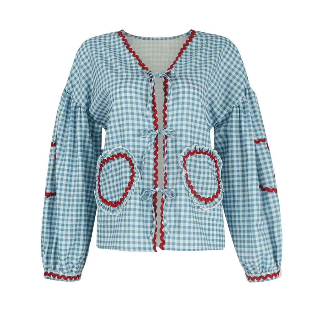 Chemise à carreaux décontractée à manches longues pour femme, haut ample à bretelles et poche en forme de cœur