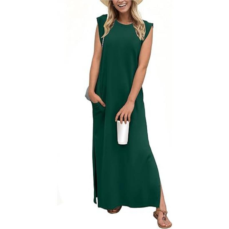 Women's Round-neck Loose Slit Sleeveless Long Pocket Dress