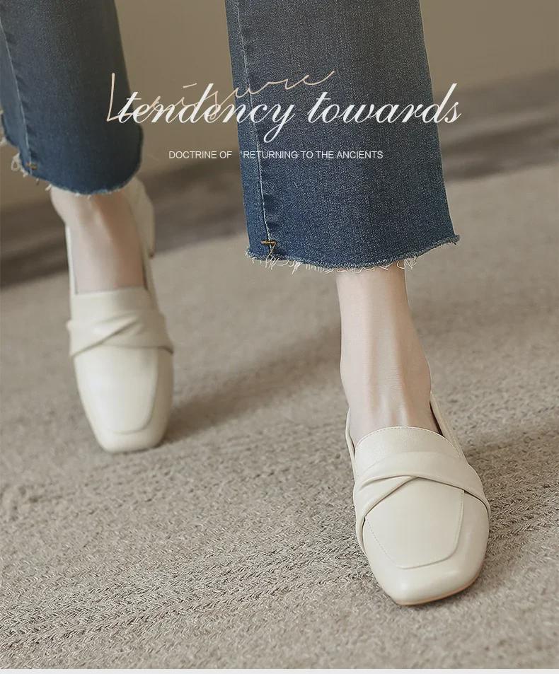 ZHR Women's Thick Heel Square Toe Loafers - Summer 2023 British Style Slip-on Leather Shoes