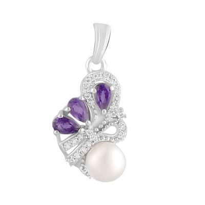 Silver Pendant with Pearls, Amethyst, White Topaz (2123712)