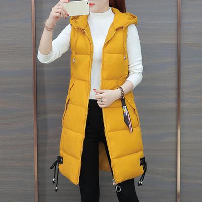 Fall Winter Cotton Vest Coat Mid Length Thickened Padded Sleeveless Zip Up Zipper Closure Drawstring Hooded Windproof Heat Retention Lady Waistcoat