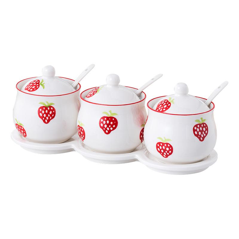 Korean Cartoon Strawberry Ceramic Condiment Jar Set Creative Salt Pepper Shaker 3-piece Set Ceramic Base Home MSG Sugar Storage