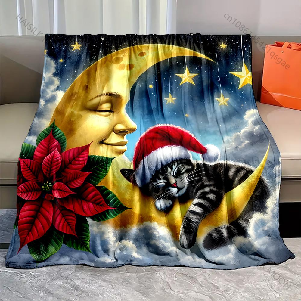 

1PC Moon, Stars, Cat, Poinsettia, Clouds Pattern Blanket Flannel Material Soft Warm for All Seasons,For Home Camping Picnics RV 75x90cm
