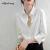 Spring Autumn Women Basic Solid Blouse Turn-Down Collar Formal Black White Simple Shirt Office Lady Elegant Feminine Blouse