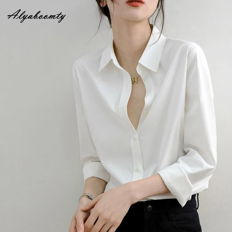 Spring Autumn Women Basic Solid Blouse Turn-Down Collar Formal Black White Simple Shirt Office Lady Elegant Feminine Blouse