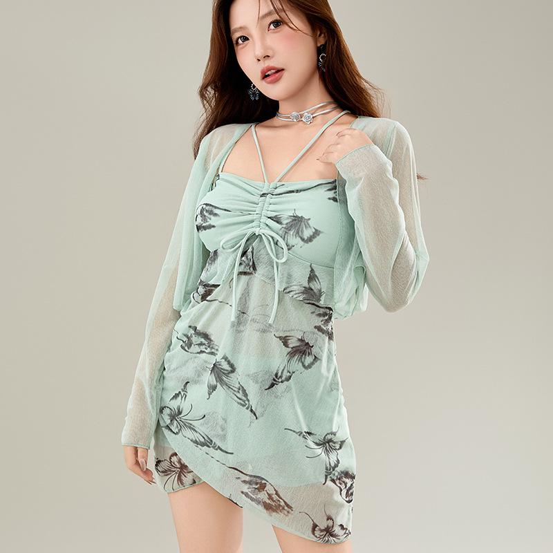 2025 Women's Conservative Solid Color Mori Girl One-Piece Suspender Swimsuit - Gentle Fairy Style for Summer