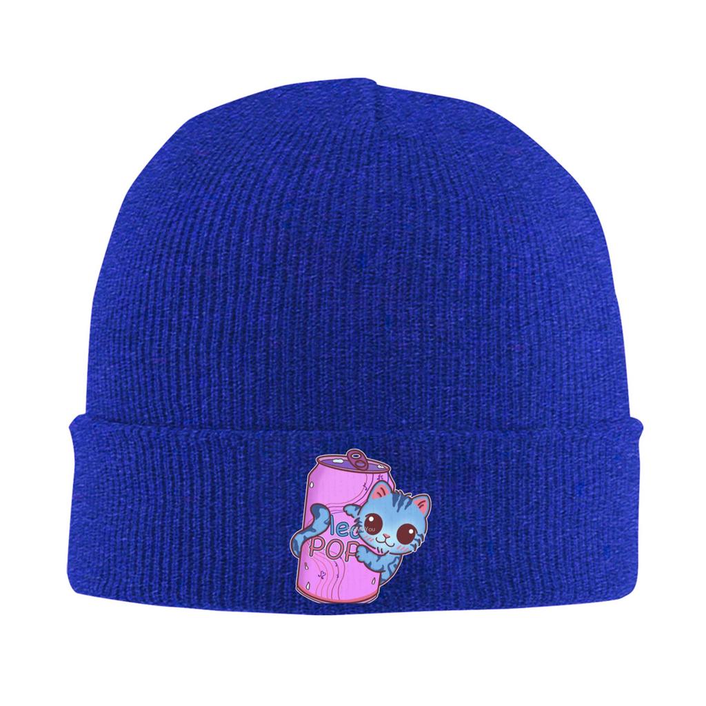 Adult Unisex Cute Blue Cat with Soda Pop Can Beanie Hats Knitted Hat Autumn Kpop Caps Graphic Thermal Elastic Bonnet Hats