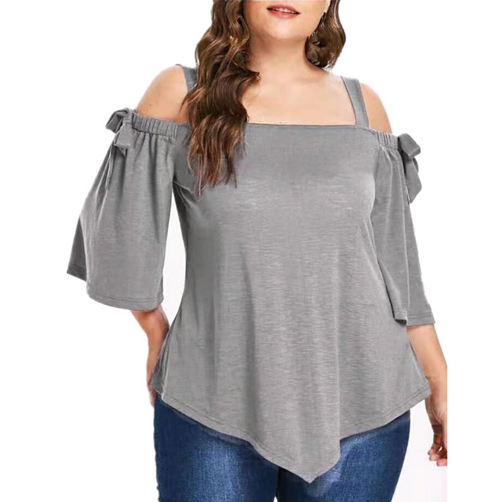 Fashion Women Casual Plus Size Asymmetric Cold Shoulder Top T-shirt Bow Blouse XXXL