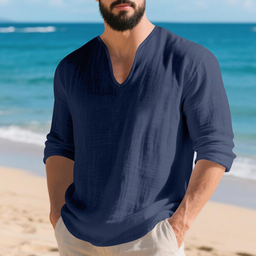 Men's Cotton-Linen Long-Sleeve Deep V-Neck Top, Lightweight Casual Shirt