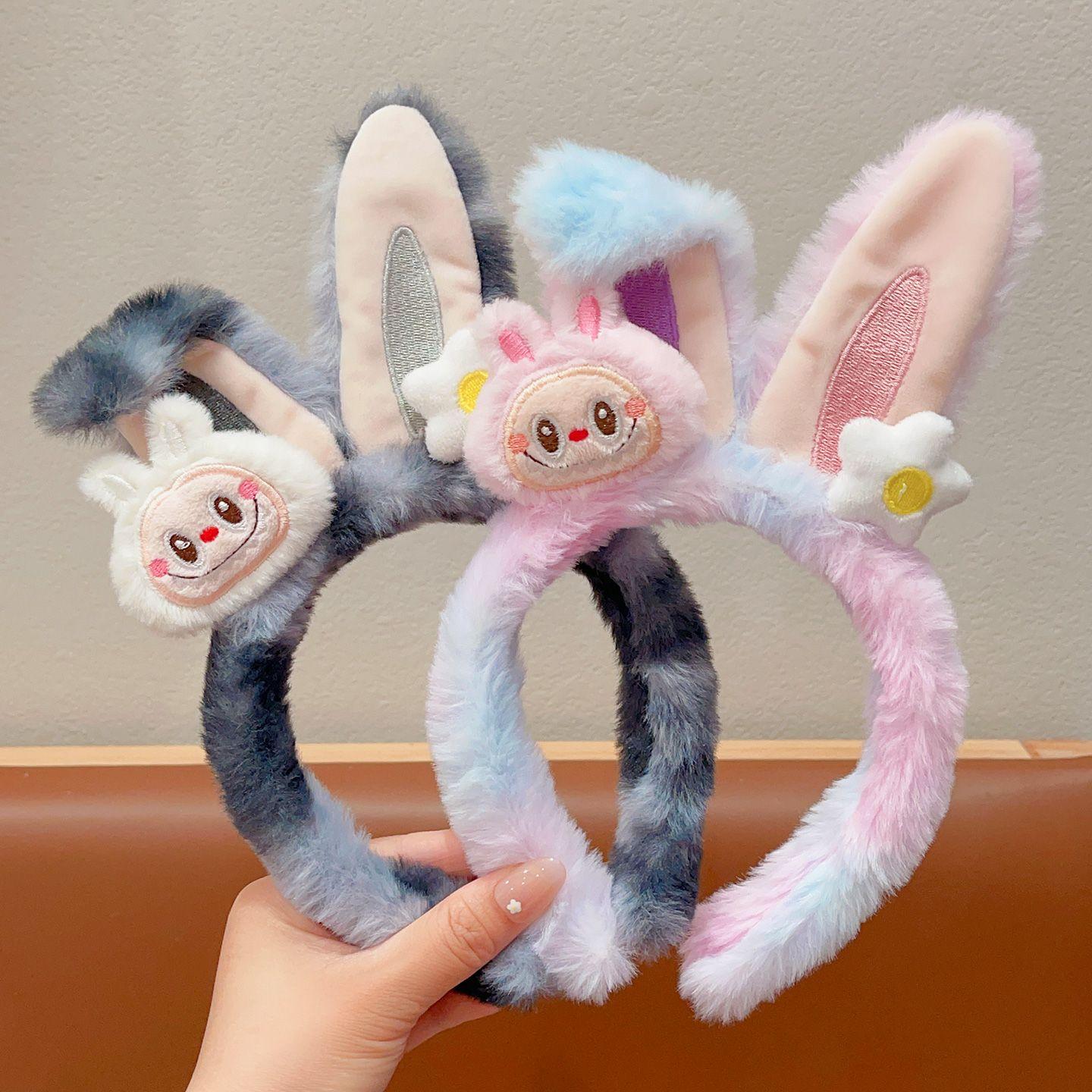 

Плюшевые мультяшные резинки для волос с кроличьими ушками для девочек - Мягкие пастельные повязки на голову для умывания