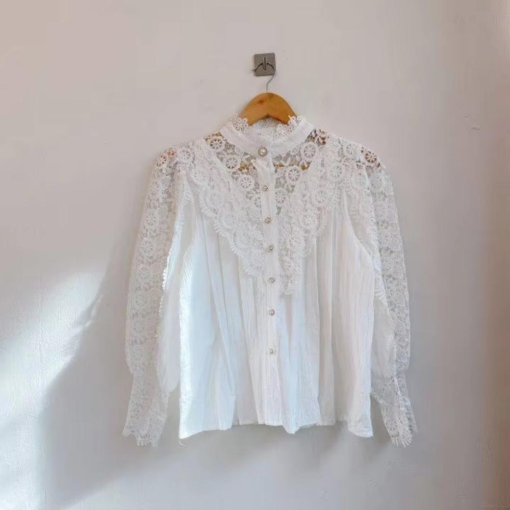 Women Chiffon Button Turtleneck Shirt Chic Elegant Floral Lace Fluffy Long Sleeve Top Fashion Hollow Oversize White Blouse