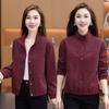 Women's Wine Red Slimming Stand-Collar Short Jacket, Loose & Versatile for Spring and Autumn.