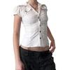 American Style Lapel Waist-Cinched Pleated Short-Sleeve Cardigan Shirt