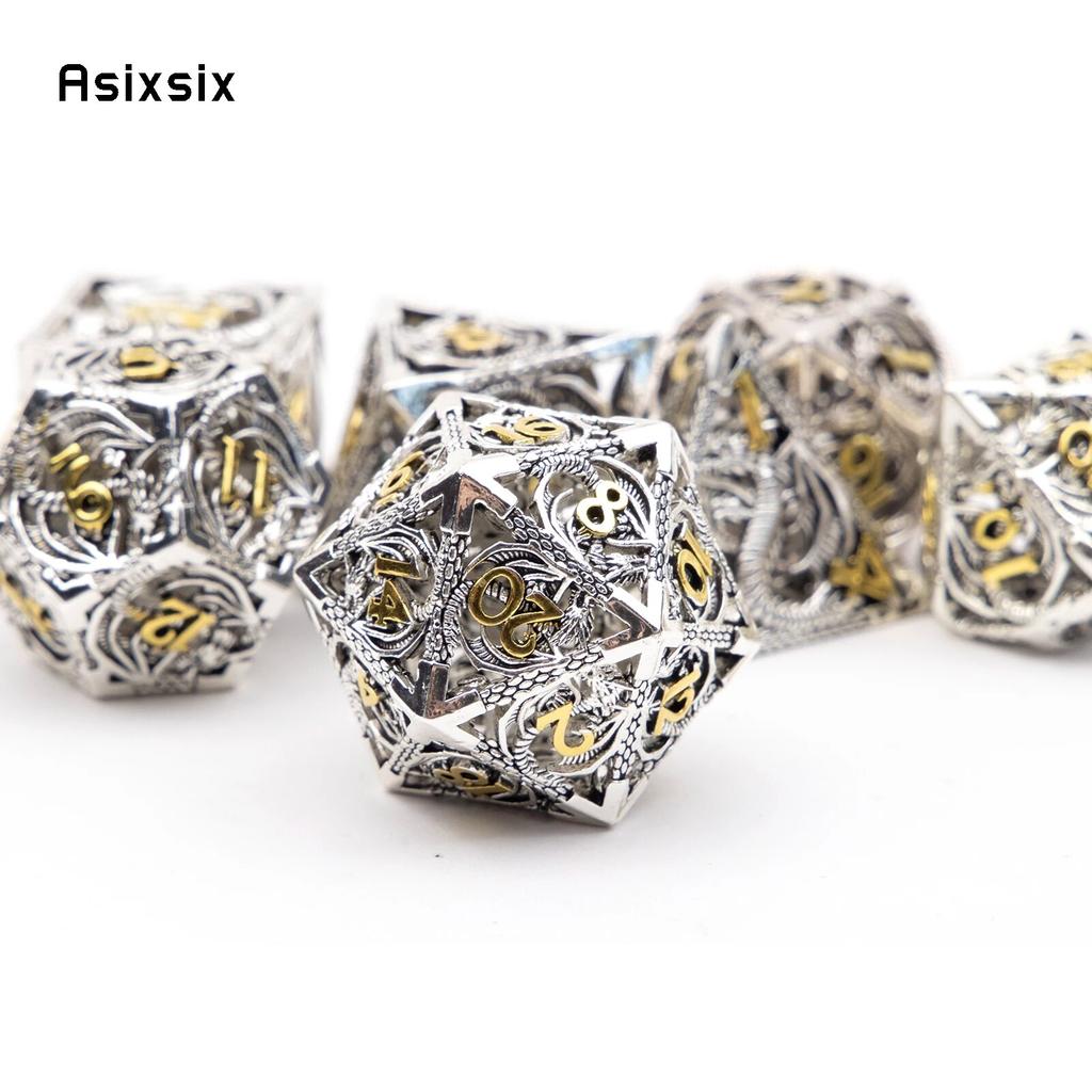 7 sztuk srebrnych złotych metalowych kostek smoka, pustych metalowych wielościennych kości, zestaw odpowiedni do gier RPG, gier karcianych, gier planszowych
