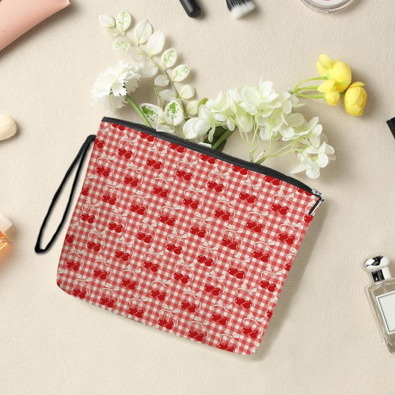 Korean Cherry Plaid Cosmetic Bag Large Capacity Stationery Bag Travel Toiletry Bags Portable Multifunctional Storage Pouch