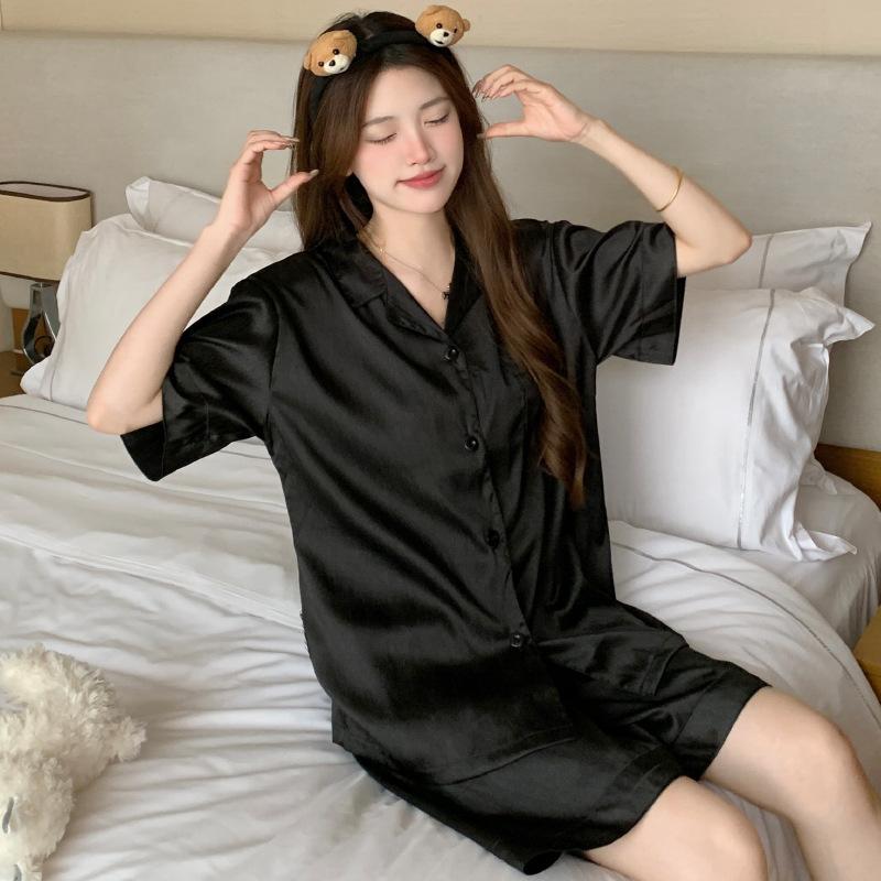 Elegant Temperament Black Imitation Silk Short-Sleeved Shorts Pajamas Women Can Wear Casual Loungewear