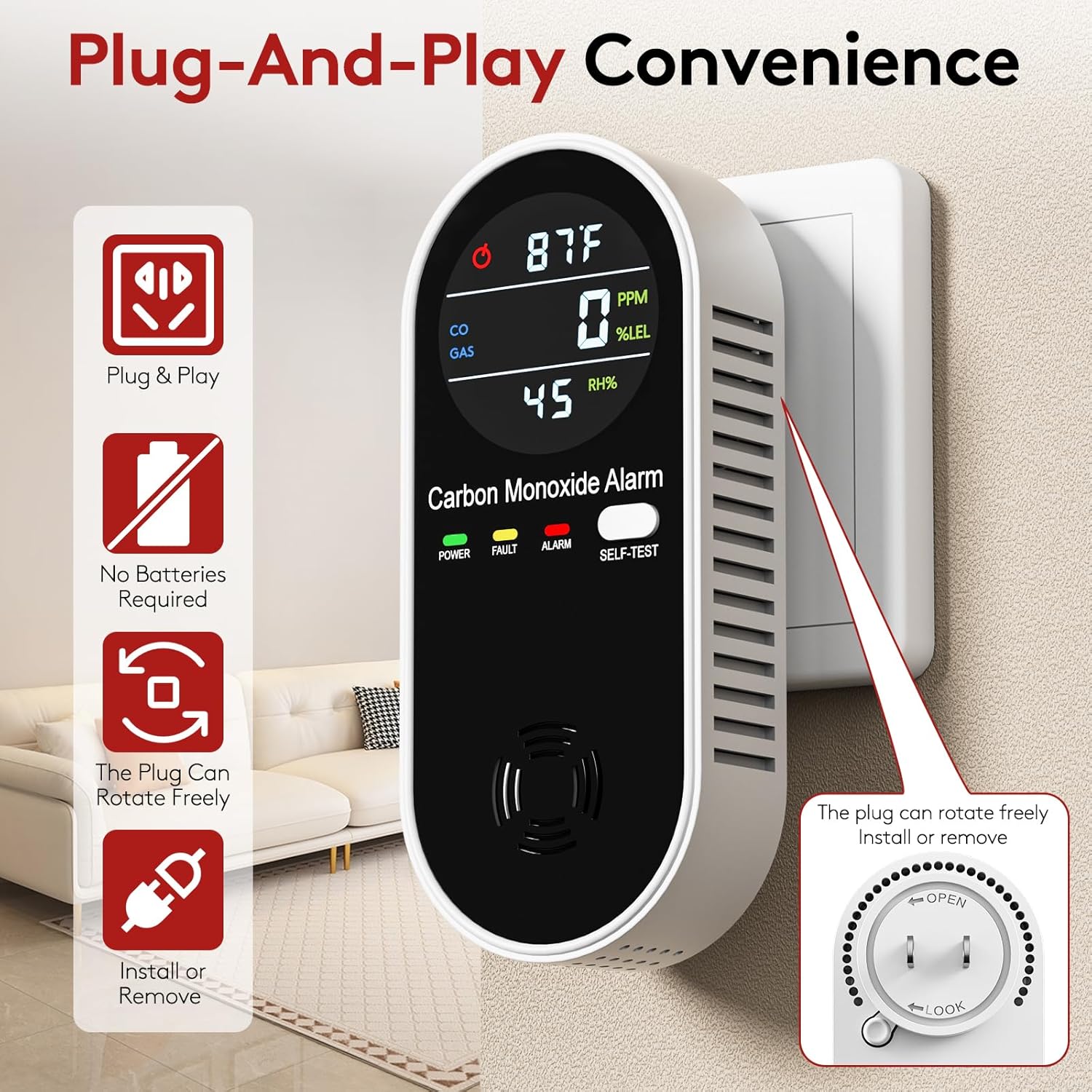 

4 in 1 Plug in Natural Gas Leak & Carbon Monoxide Detector withTemperature & Humidity for Home, Kitchen, RV (2 Packs) 1-PACK